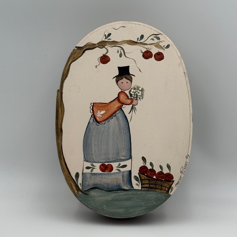 Maxine Russell 93 Hand Painted Wood Shaker Box Folk Art Primitive Apple Harvest